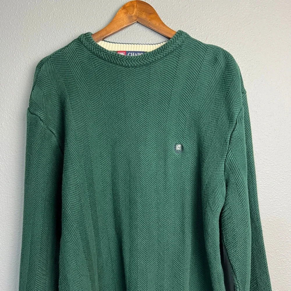 Chaps EST.‎ 1978 Green Cotton Y2K Knit Sweater Crew Neck Herringbone Mens Large
